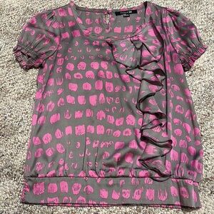 Forever 21 gray/pink blouse with bow and ruffles, size medium